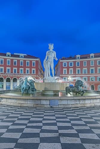 France, Cote d Azur, Nice. Sun Fountain at Place Massena with Statue of Apollo at dawn Art Print